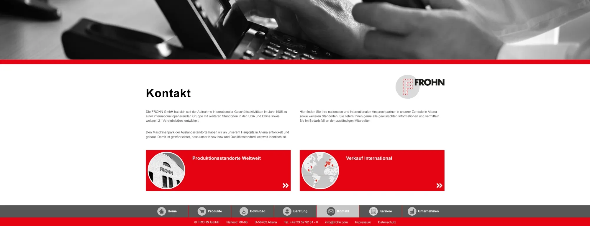Kontaktseite von frohn.com mit Einleitungstext und Verweisen auf Standorte und Vertrieb