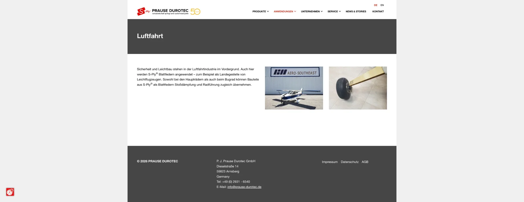 Anwendungsseite Luftfahrt von Prause Durotec mit 42 Wörtern Text, Stand 5. Oktober 2026