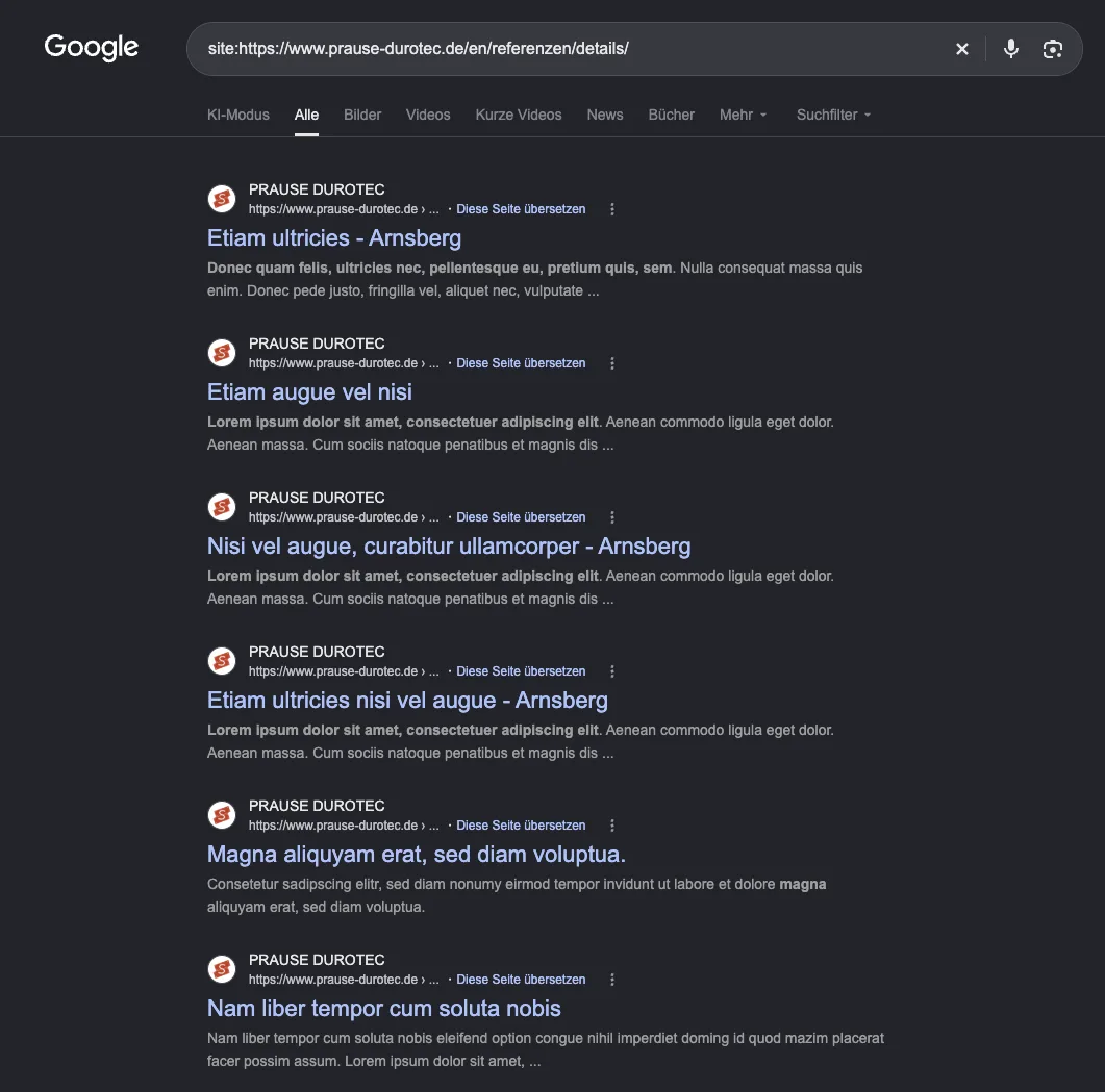Google-Ergebnisse für das Referenzverzeichnis von prause-durotec.de mit Lorem-ipsum-Titeln, Stand 5. Oktober 2026